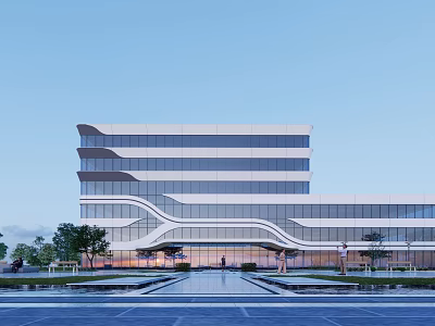 Modern Office Building Exterior With Curved Glass Curtain Walls Landscaping And Spacious Entrance Plaza 3d model
