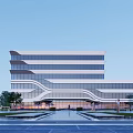 Modern Office Building Exterior With Curved Glass Curtain Walls Landscaping And Spacious Entrance Plaza