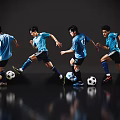 Four Men In Blue Jerseys Black Shorts Running And Dribbling Soccer On Dark Reflective Floor
