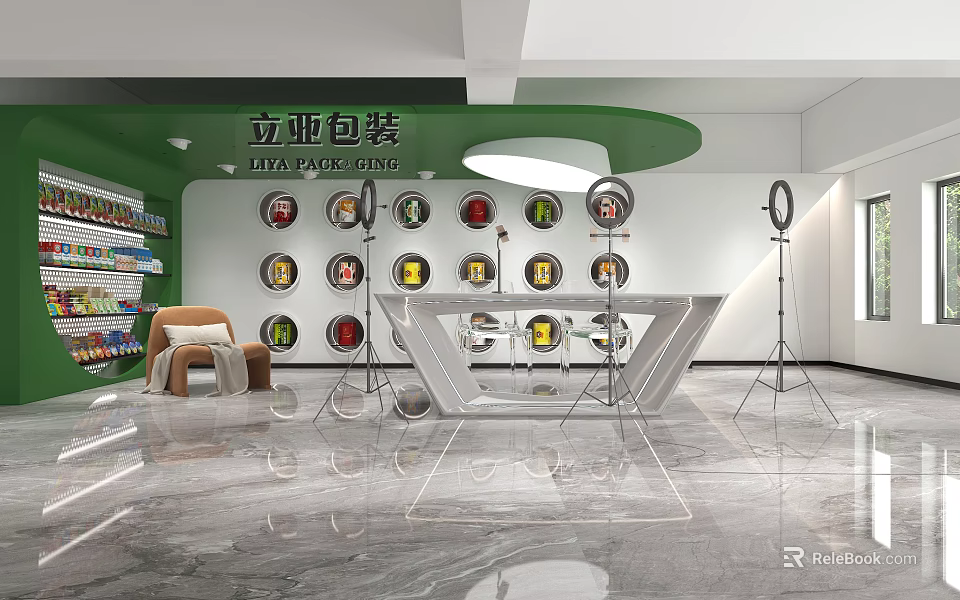 Liya Packaging Modern Exhibition Space With Round Shelves And Display Counter 3d model 