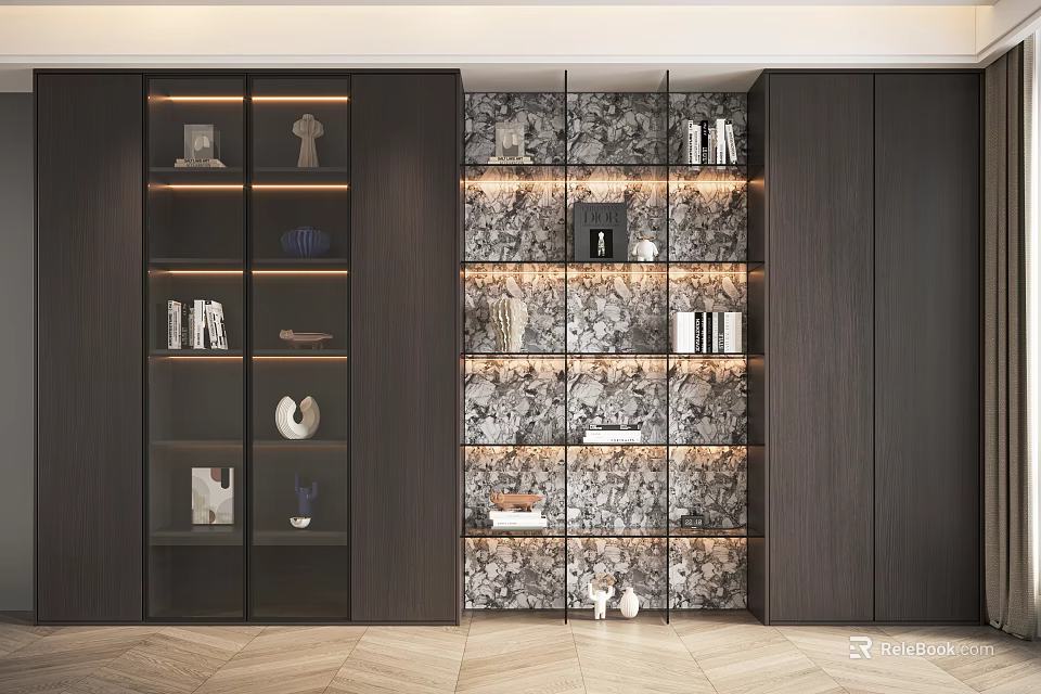 Modern Wooden Display Cabinet With Interior Lighting Decorative Items And Patterned Backdrop 3d model 