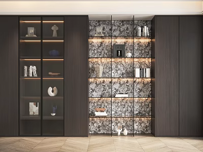 Modern Wooden Display Cabinet With Interior Lighting Decorative Items And Patterned Backdrop 3d model