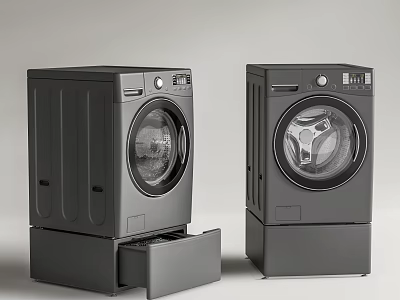Two Modern Gray Front Loading Washing Machines With Open Drawer Design 3d model