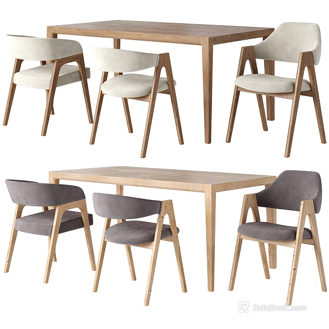 Modern Wooden Dining Table Set With Light Beige And Gray Upholstered Chairs 3d model 