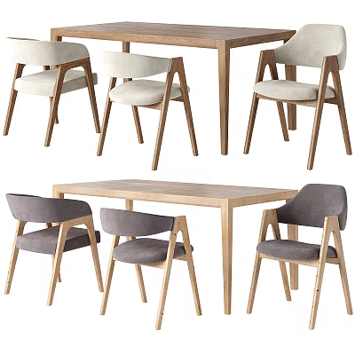 Modern Wooden Dining Table Set With Light Beige And Gray Upholstered Chairs 3d model