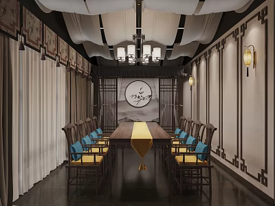Traditional Chinese Dining Interior With Long Table Chairs Chandelier And Decorative Screen 3d model