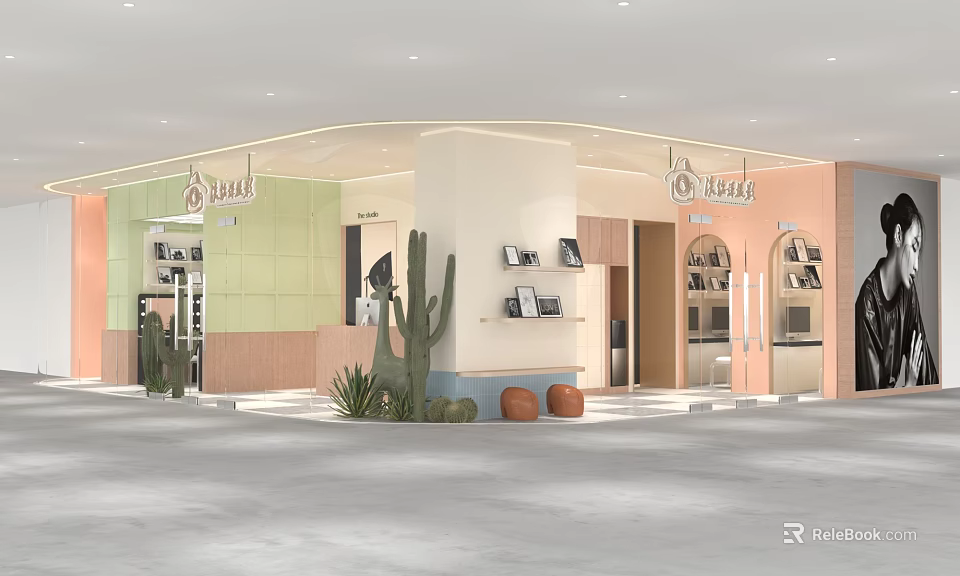 Stylish Modern Mall Shop Interior Featuring Green Pink Beige Walls Display Shelves And Cactus Plants 3d model 