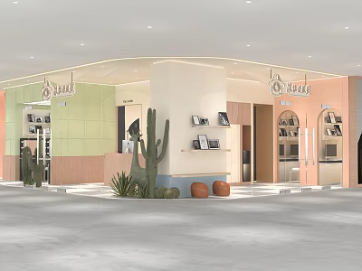 Stylish Modern Mall Shop Interior Featuring Green Pink Beige Walls Display Shelves And Cactus Plants 3d model