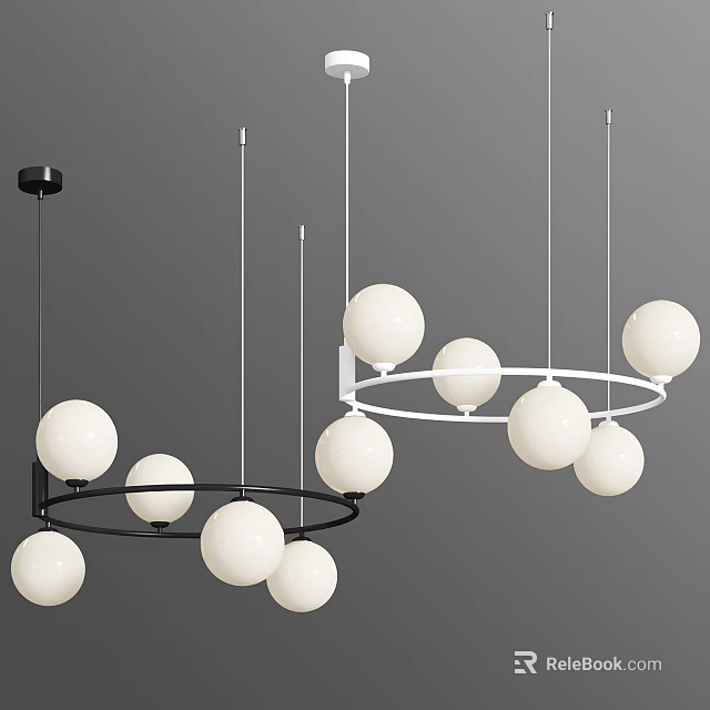 Modern Hanging Chandeliers With Black And White Frames And Sphere Bulbs 3d model