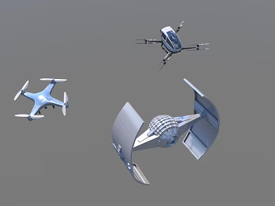 Futuristic Drones Including Small Blue And Manned Models With Advanced Tech Device 3d model