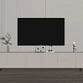 Modern White TV Stand With Mounted TV Storage Cabinets And Decorative Items