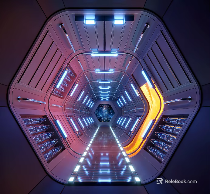Futuristic Elevator Hallway Interior With Hexagonal Structure Blue Orange LED Lights And Reflective Floor 3d model 