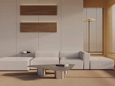 Modern Minimalist Living Room Three Seater Sofa With Wooden Shelves Coffee Table And Floor Lamp 3d model