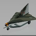 Camouflage Model Airplane With Triangular Wings Yellow Red Nose Emblem On Tail And Wheel Stand