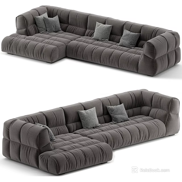 Modern Plush Sectional Sofa With Tufted Design And Decorative Pillows 3d model