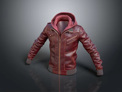 Red Leather Hooded Jacket with Front Zipper and Soft Inner Lining Design 3d model