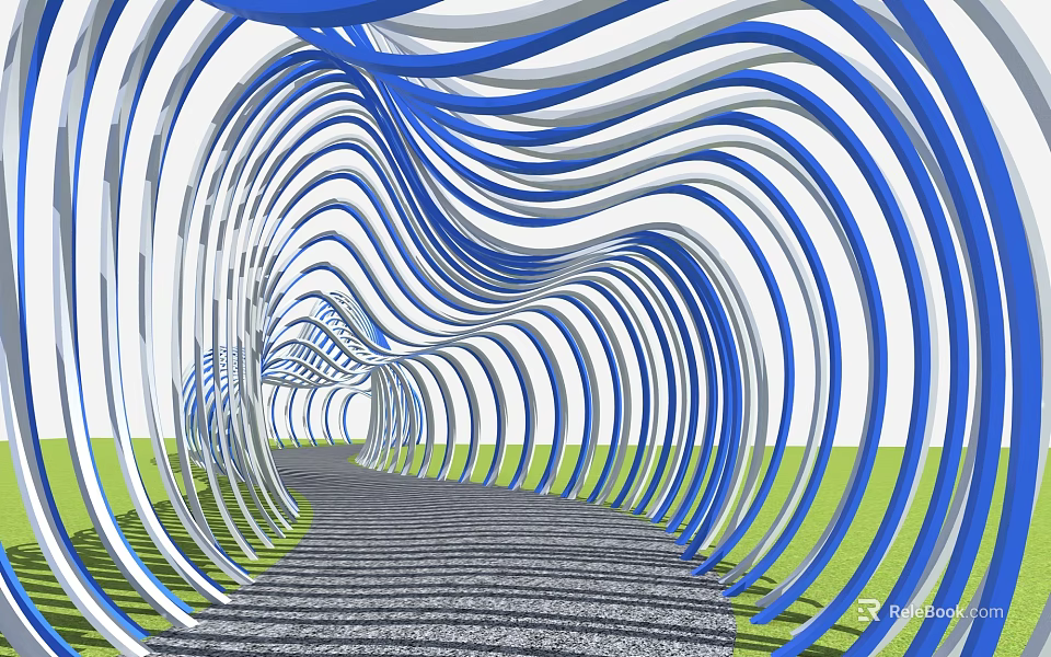 Blue And White Wavy Pergola Walkway With Curved Wave Design And Green Grass 3d model 