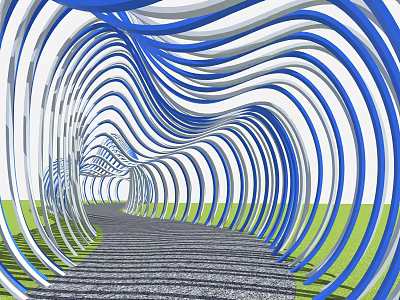 Blue And White Wavy Pergola Walkway With Curved Wave Design And Green Grass 3d model