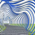 Blue And White Wavy Pergola Walkway With Curved Wave Design And Green Grass