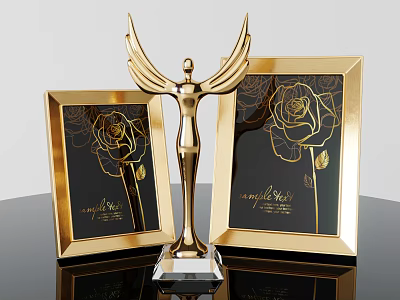 Ornamental Decor Set With Gold Trophy Crystal Base And Golden Rose Pattern Frames On Black Background 3d model