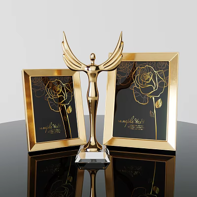 Ornamental Decor Set With Gold Trophy Crystal Base And Golden Rose Pattern Frames On Black Background 3d model