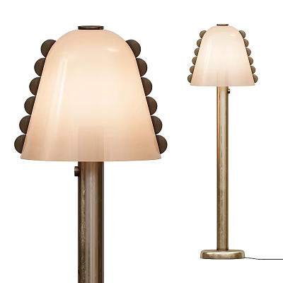 Elegant Floor Lamp With Light Beige Frosted Shade And Dark Round Accents On Brass Stand 3d model