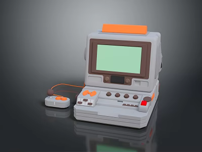 Retro Portable Computer With Green Screen Gray Body Orange Buttons And Wired Controller 3d model