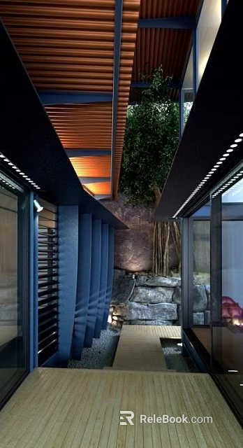 Modern Hotel Corridor Interior With Wooden Ceiling Green Plants And Stone Decorations 3d model 