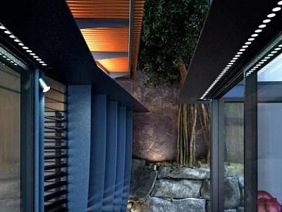 Modern Hotel Corridor Interior With Wooden Ceiling Green Plants And Stone Decorations 3d model