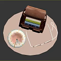 Red Leather Bag With Patterned Teacup Pink Liquid Saucer And Colorful Lens Glasses On Pink Tray