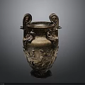 Ancient Carved Vase Sculpture With Symmetrical Handles And Relief Figures