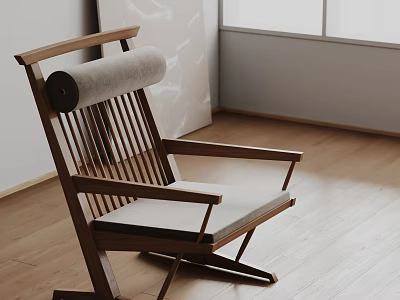 Modern Wooden Lounge Chair with Gray Cushion in Light Room on Wooden Floor 3d model