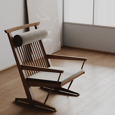 Modern Wooden Lounge Chair with Gray Cushion in Light Room on Wooden Floor 3d model
