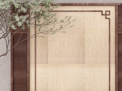 Wooden Framed Decorative Screen With Beige Fabric And Tree Branch Accent 3d model