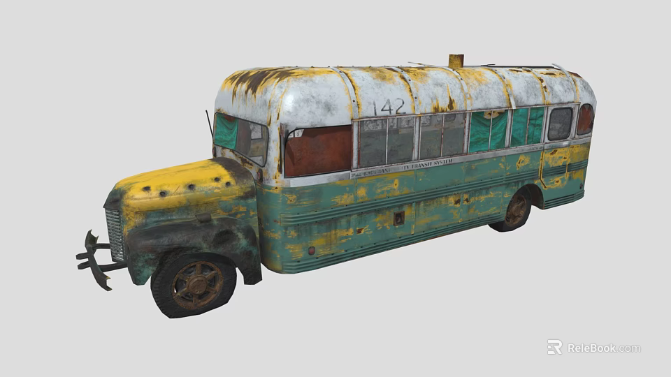 Old Rusty Bus With Faded Yellow And Green Paint And Number 142 3d model 