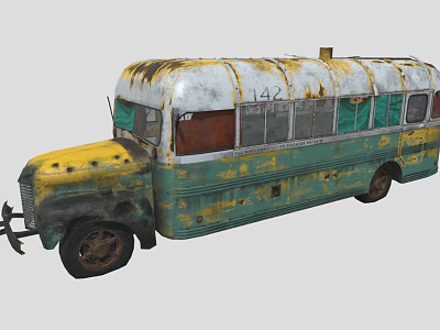 Old Rusty Bus With Faded Yellow And Green Paint And Number 142 3d model
