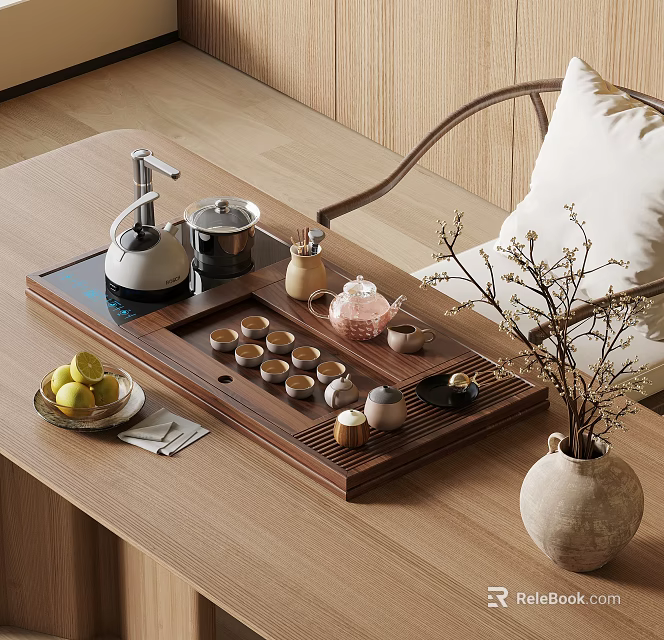 Elegant Traditional Tea Set on Wooden Tray with Teapot Cups Lemon Plate and Ceramic Vase 3d model 