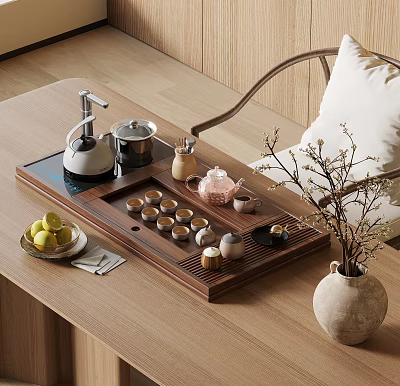 Elegant Traditional Tea Set on Wooden Tray with Teapot Cups Lemon Plate and Ceramic Vase 3d model