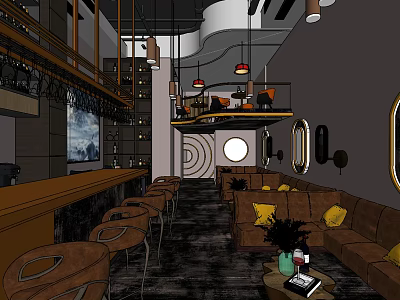 Modern Bar Interior Design With Bar Counter Brown Seats Sofa And Pendant Lights 3d model
