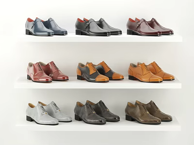 Men's Formal Leather Shoes In Various Colors Displayed On White Shelves In Multiple Rows 3d model