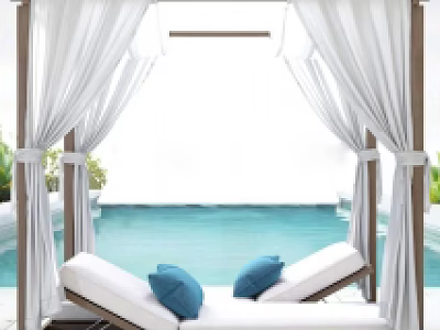 Outdoor Canopy Daybed With White Curtains Wooden Frame Blue Cushions By Poolside 3d model