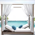 Outdoor Canopy Daybed With White Curtains Wooden Frame Blue Cushions By Poolside