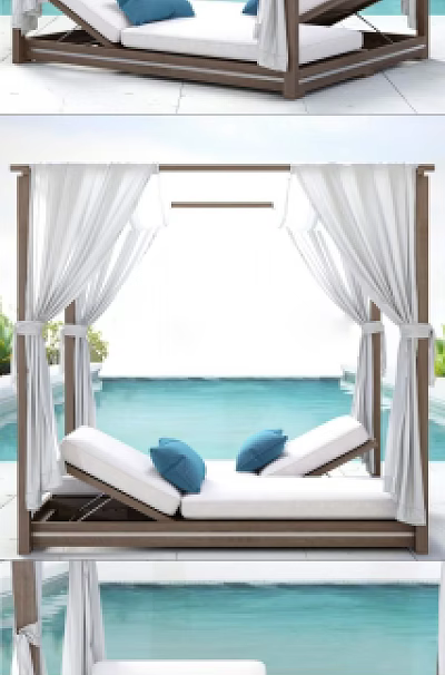 Outdoor Canopy Daybed With White Curtains Wooden Frame Blue Cushions By Poolside 3d model