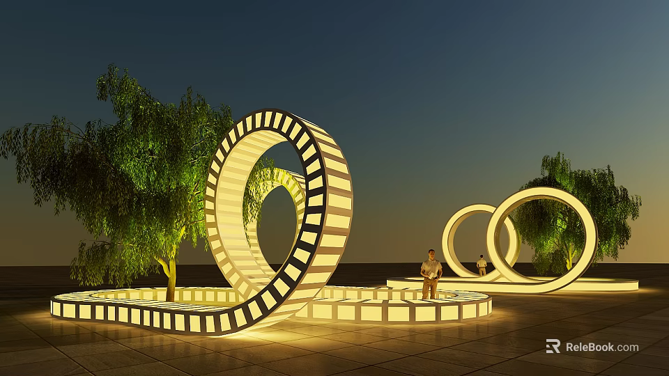 Illuminated Outdoor Chair In Park With Circular Light Structures And Trees At Night 3d model 