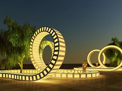 Illuminated Outdoor Chair In Park With Circular Light Structures And Trees At Night 3d model