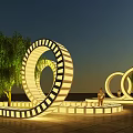 Illuminated Outdoor Chair In Park With Circular Light Structures And Trees At Night
