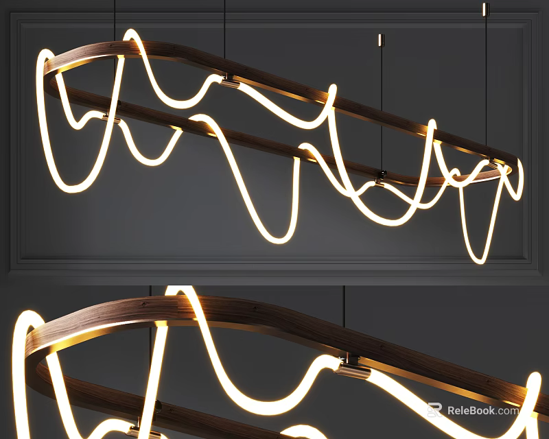 Sleek Modern Curved LED Chandelier With Wooden Frame For Interior Lighting 3d model 