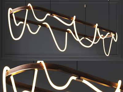 Sleek Modern Curved LED Chandelier With Wooden Frame For Interior Lighting 3d model
