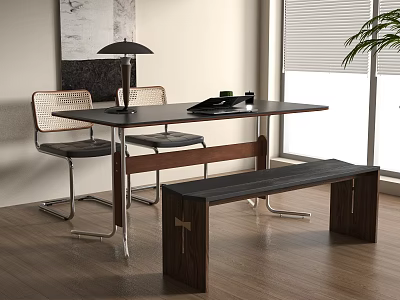 Modern Dining Table With Wooden Bench Metal Chairs Lamp And Natural Light 3d model