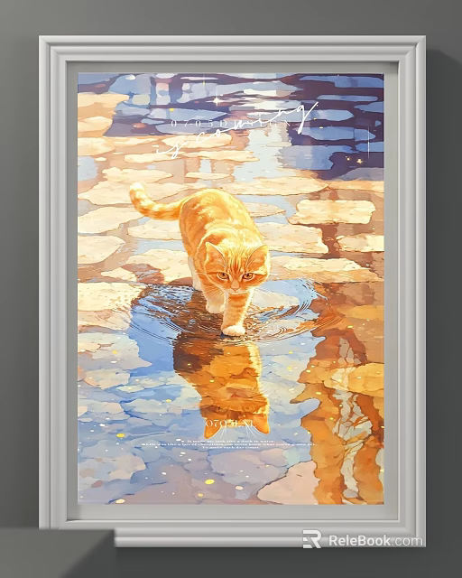 Watercolor Landscape Painting Featuring Ginger Cat Walking on Stone Path with Puddle Reflection and Sunlight 3d model 